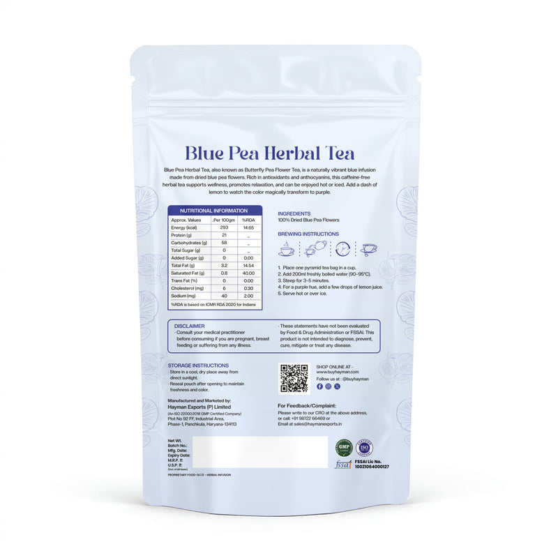 Hayman Natural's Blue Pea Flower Herbal Tea-30 Pyramid Tea Bags,Antioxidant,Beauty & Stress Relief Caffeine-Free Blue Tea