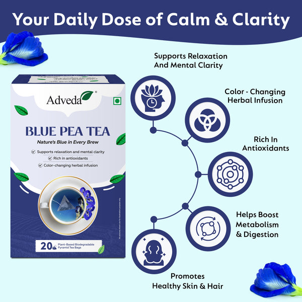 Adveda Blue Pea Flower Herbal Tea- 20  Tea Bags | Antioxidant, Beauty & Stress Relief Caffeine-Free Blue Tea