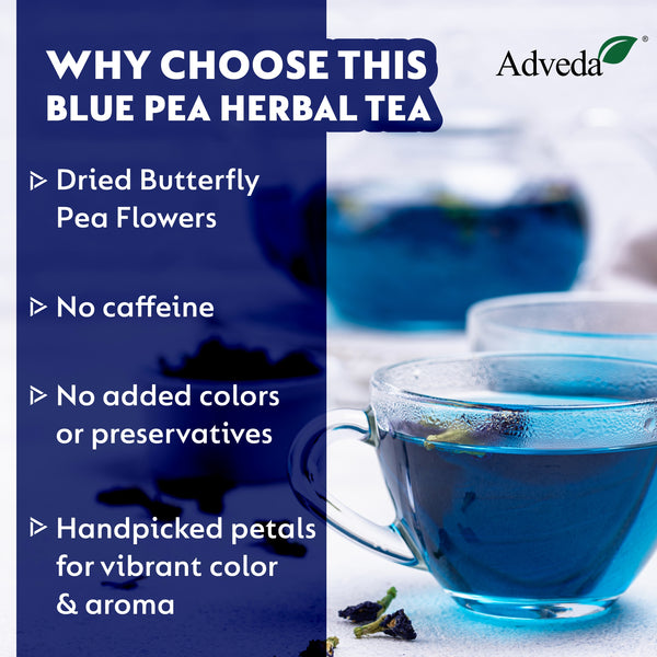 Adveda Blue Pea Flower Herbal Tea- 20  Tea Bags | Antioxidant, Beauty & Stress Relief Caffeine-Free Blue Tea