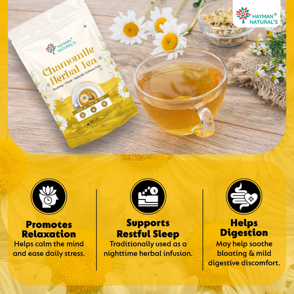 Hayman Natural's Chamomile Herbal Tea-30 Pyramid Tea Bags,Caffeine Free,Calm & Relax Tea