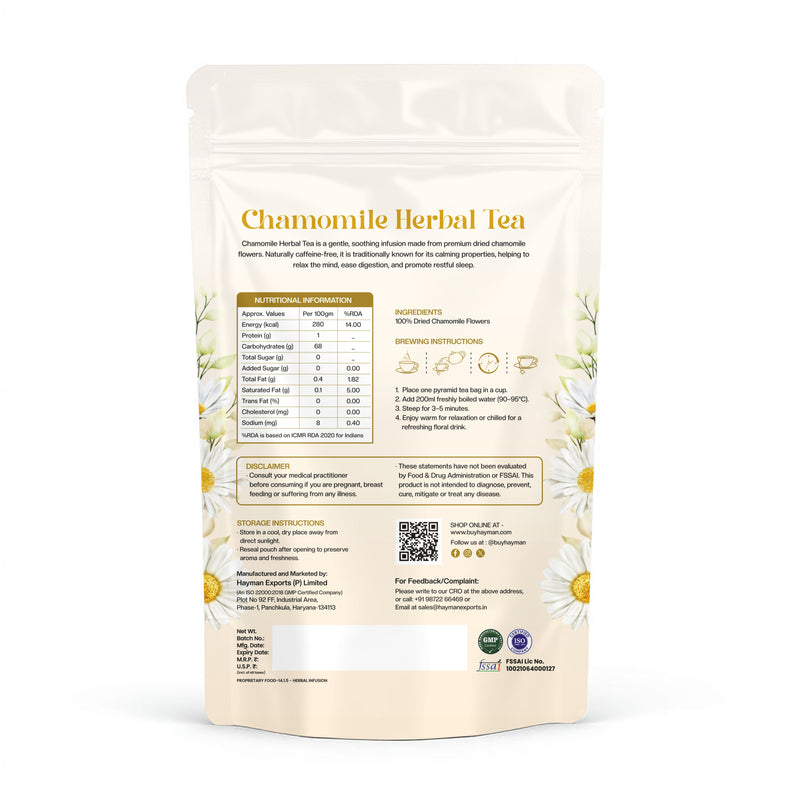 Hayman Natural's Chamomile Herbal Tea-30 Pyramid Tea Bags,Caffeine Free,Calm & Relax Tea