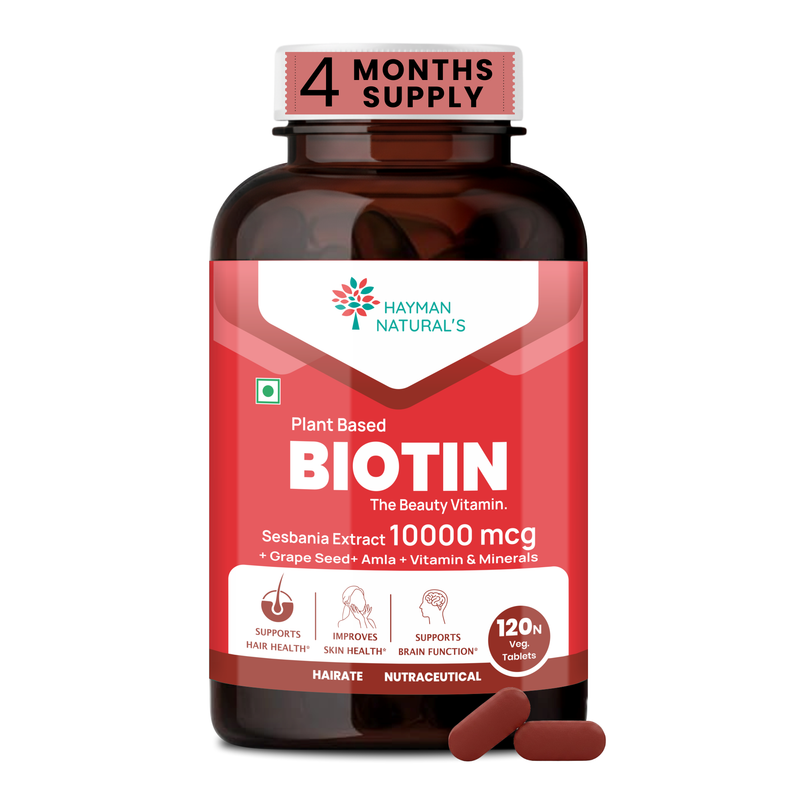 Hayman Natural's Plant Based Biotin Tablets | Sesbania Biotin with Amla & Grapeseed | Hair Vitamins for Men & Women for Hair Growth, Strong Hair, Skin & Nails | 120 Veg Tablets - 4 Months Supply