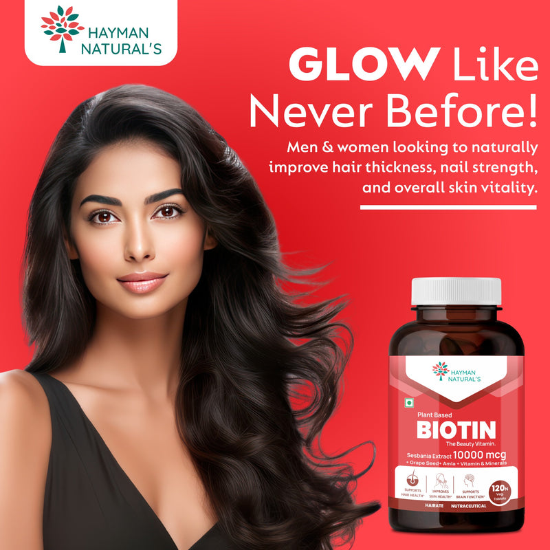Hayman Natural's Plant Based Biotin Tablets | Sesbania Biotin with Amla & Grapeseed | Hair Vitamins for Men & Women for Hair Growth, Strong Hair, Skin & Nails | 120 Veg Tablets - 4 Months Supply