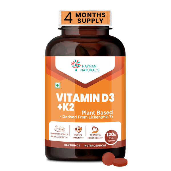 Hayman Natural's Vitamin D3 + K2 Supplement (MK-7) – 600 IU Vegan D3 & 55 mcg K2 – Supports Bone Strength, Immunity & Calcium Absorption – D3 K2 for Men & Women – 120 Veg Tablets