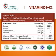 Hayman Natural's Vitamin D3 + K2 Supplement (MK-7) – 600 IU Vegan D3 & 55 mcg K2 – Supports Bone Strength, Immunity & Calcium Absorption – D3 K2 for Men & Women – 120 Veg Tablets