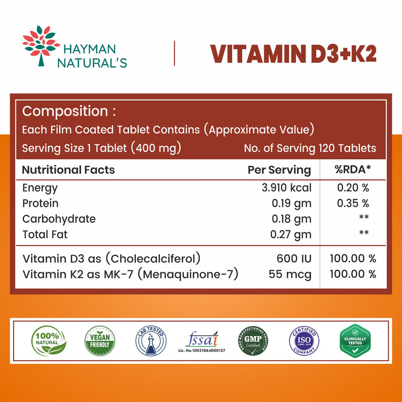 Hayman Natural's Vitamin D3 + K2 Supplement (MK-7) – 600 IU Vegan D3 & 55 mcg K2 – Supports Bone Strength, Immunity & Calcium Absorption – D3 K2 for Men & Women – 120 Veg Tablets
