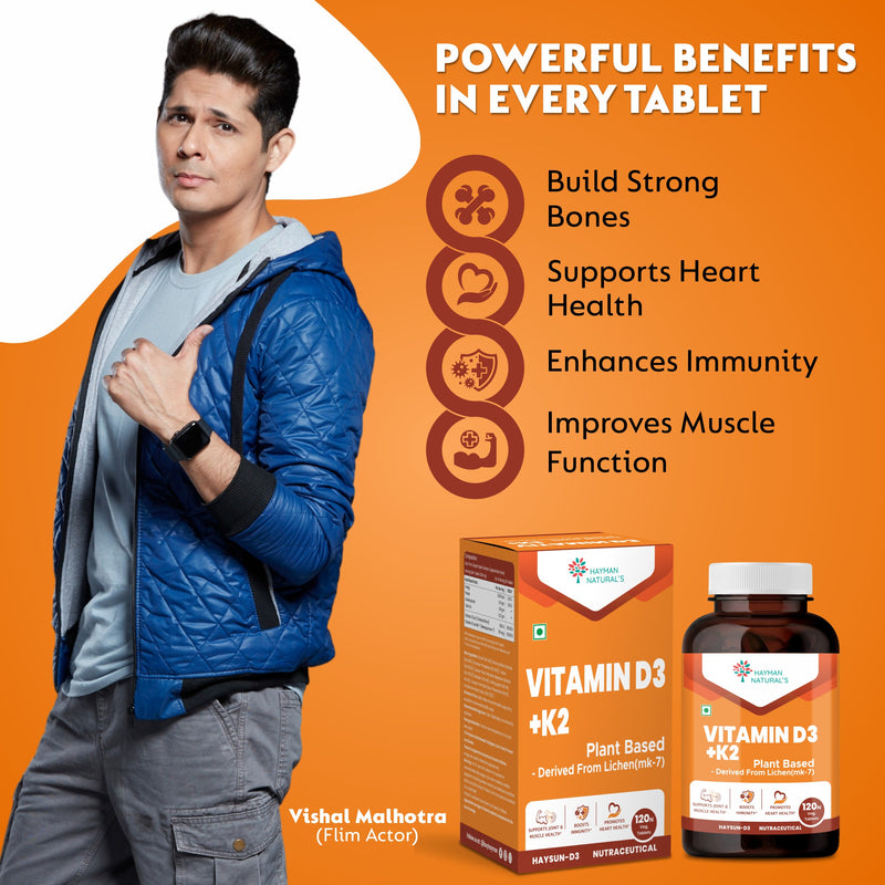Hayman Natural's Vitamin D3 + K2 Supplement (MK-7) – 600 IU Vegan D3 & 55 mcg K2 – Supports Bone Strength, Immunity & Calcium Absorption – D3 K2 for Men & Women – 120 Veg Tablets