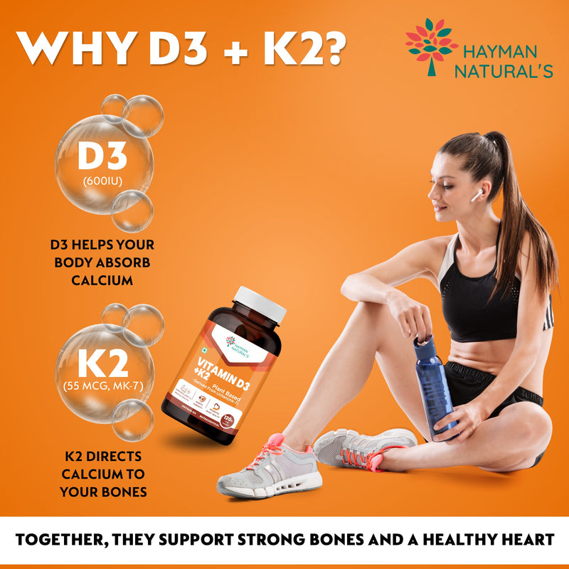 Hayman Natural's Vitamin D3 + K2 Supplement (MK-7) – 600 IU Vegan D3 & 55 mcg K2 – Supports Bone Strength, Immunity & Calcium Absorption – D3 K2 for Men & Women – 120 Veg Tablets