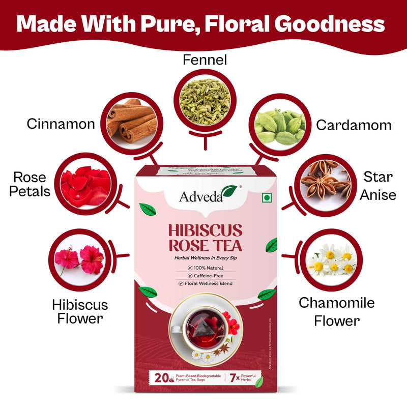 Adveda Hibiscus Rose Herbal Tea- 20  Tea Bags | Antioxidant, Skin Glow & Relaxation Tea