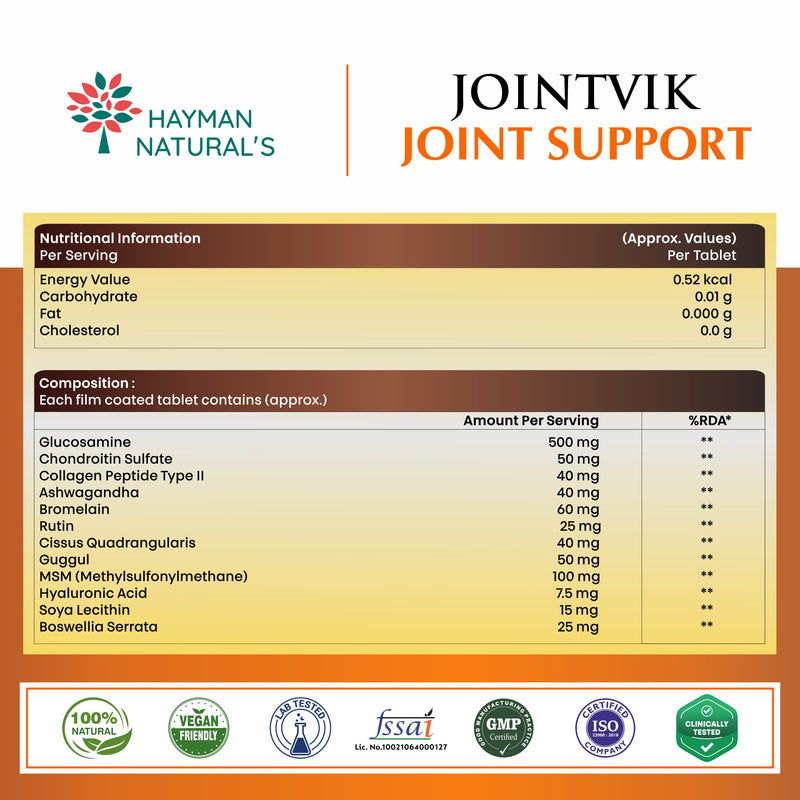 Hayman Natural’s Joint Support Tablets with Glucosamine, Chondroitin & MSM | Herbal Joint Care & Mobility Support | With Collagen Type II | Daily Wellness Supplement-30 Tablets