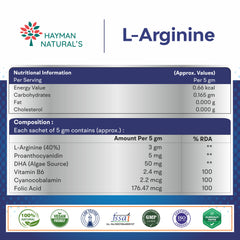 Hayman Natural's L-Arginine Powder Sachets-Sugar Free,L-Arginine Supplement Powder For Pre-Workout, Muscle Recovery & Stamina  for Men & Women, Orange Flavour 5g x 10 Sachets