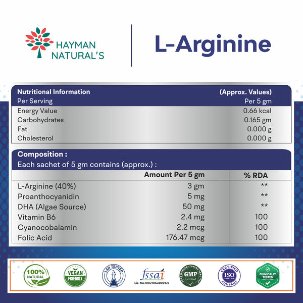 Hayman Natural's L-Arginine Powder Sachets-Sugar Free,L-Arginine Supplement Powder For Pre-Workout, Muscle Recovery & Stamina  for Men & Women, Orange Flavour 5g x 10 Sachets