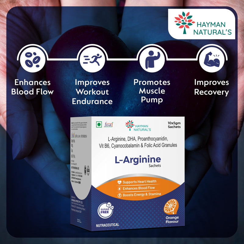 Hayman Natural's L-Arginine Powder Sachets-Sugar Free,L-Arginine Supplement Powder For Pre-Workout, Muscle Recovery & Stamina  for Men & Women, Orange Flavour 5g x 10 Sachets