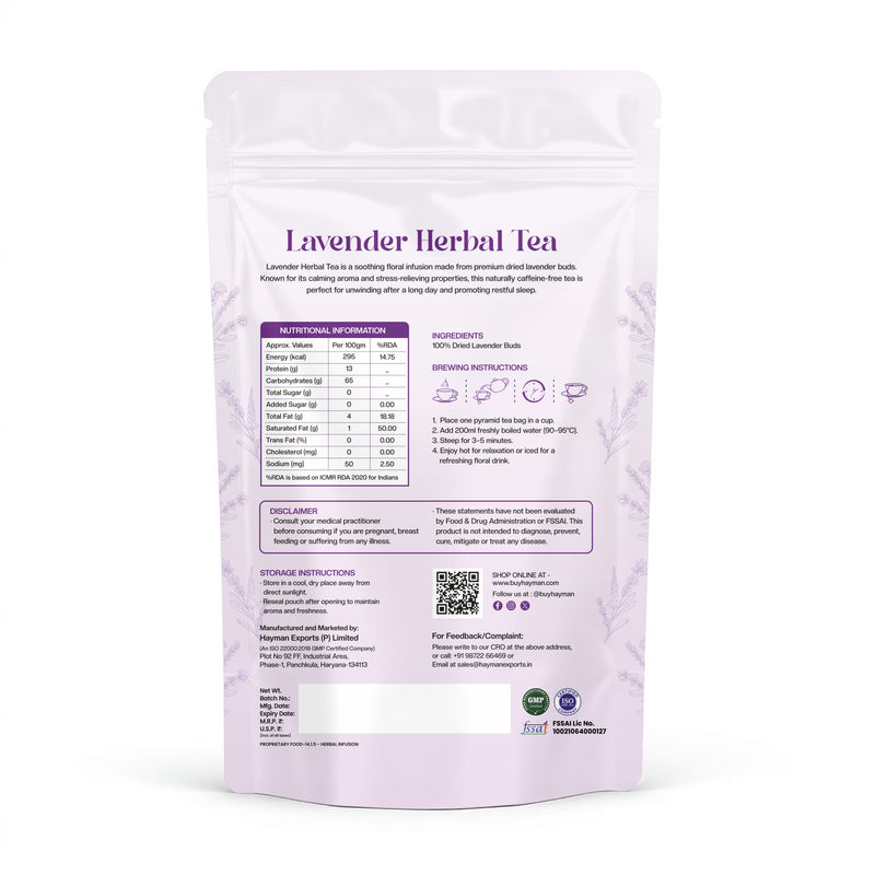 Hayman Natural's Lavender Herbal Tea-30 Pyramid Tea Bags,Stress Relief & Relaxation Tea,Caffeine Free