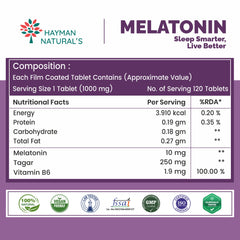 Hayman Natural's Melatonin 10 mg Sleeping Pills with Tagar 250 mg | Sleep Supplement for Men & Women | Melatonin Tablets for Restful Deep Sleep-120 Veg Tablets