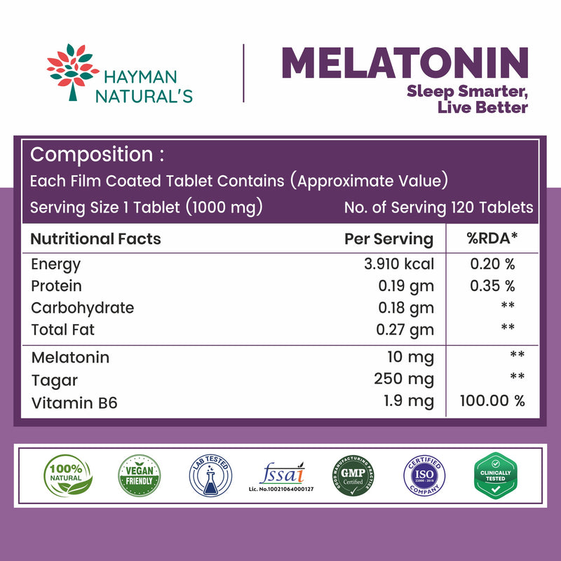 Hayman Natural's Melatonin 10 mg Sleeping Pills with Tagar 250 mg | Sleep Supplement for Men & Women | Melatonin Tablets for Restful Deep Sleep-120 Veg Tablets