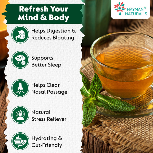 Hayman Natural's Peppermint Herbal Tea-30 Pyramid Tea Bags,Digestive & Refreshing Tea,Caffeine Free