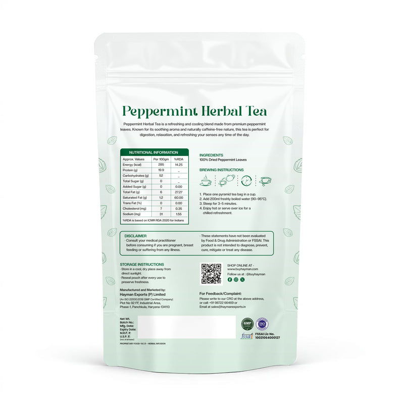 Hayman Natural's Peppermint Herbal Tea-30 Pyramid Tea Bags,Digestive & Refreshing Tea,Caffeine Free