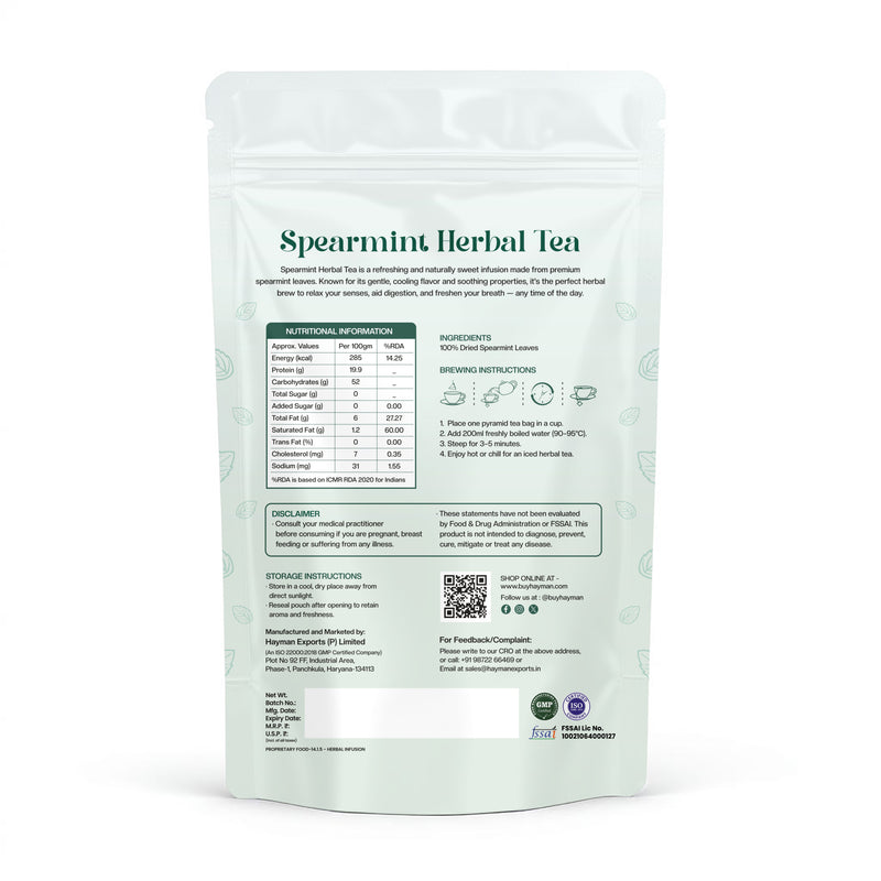 Hayman Natural's Pure Spearmint Herbal Tea-30 Pyramid Tea Bags,Pcos Relief | Balances Hormones, Reduces Facial Hair & Acne & Supports Digestion