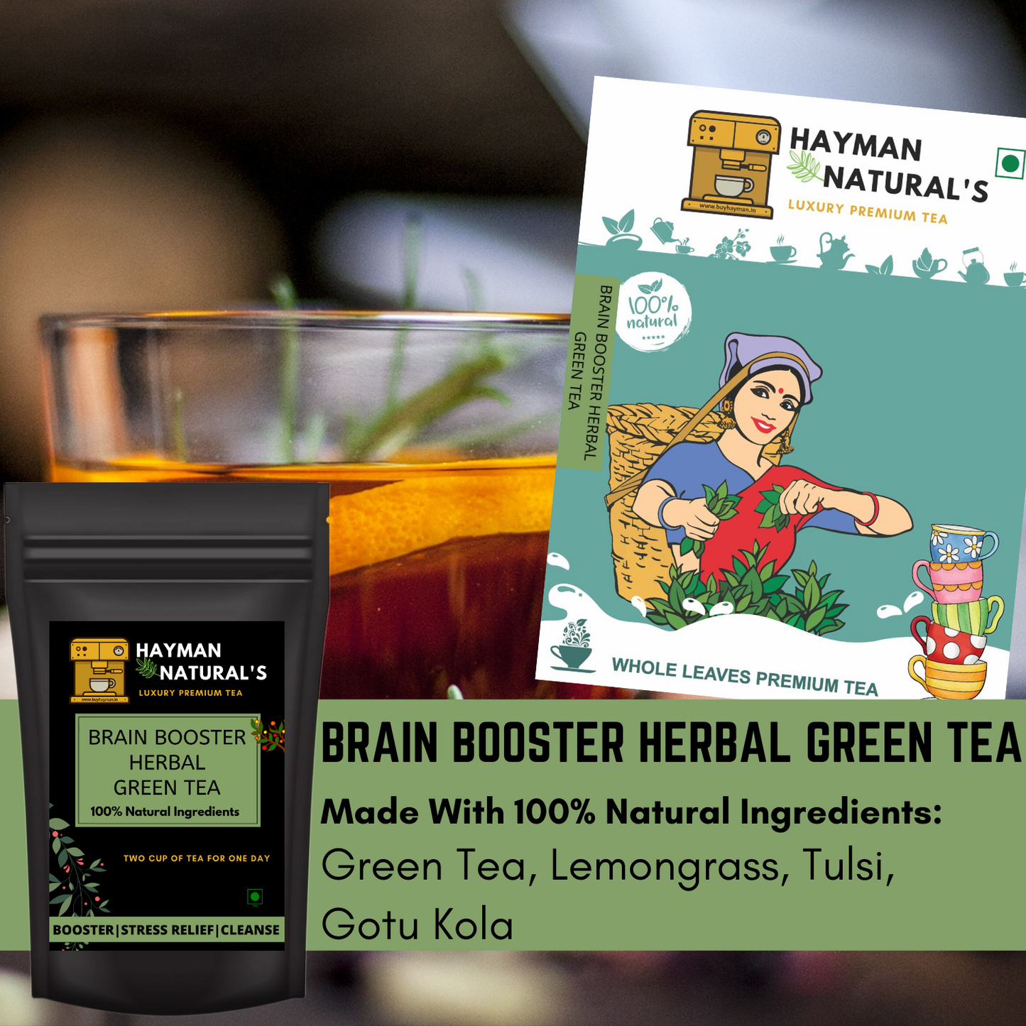 Hayman Natural's Brain Booster Herbal Green Tea for Memory, Focus and Clarity Brain Function