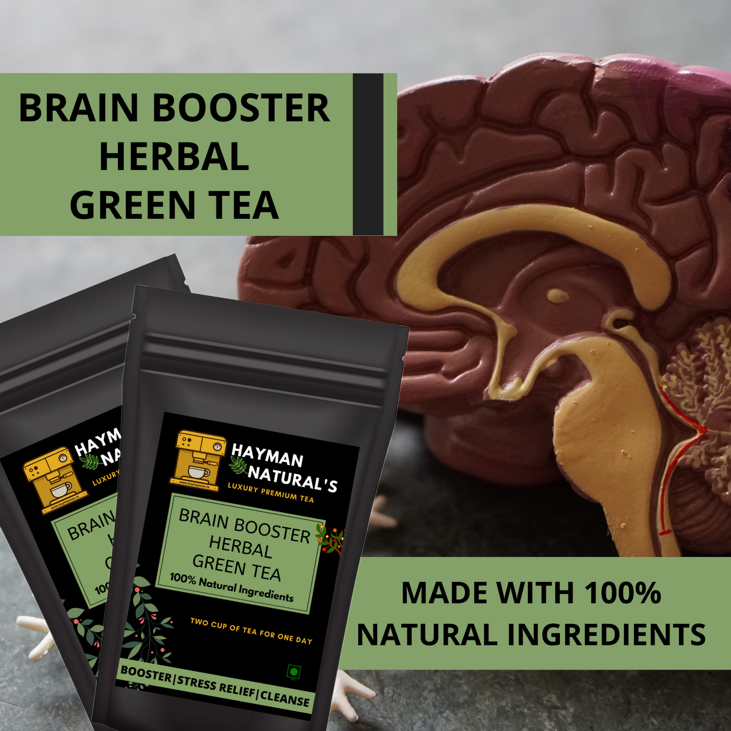 Hayman Natural's Brain Booster Herbal Green Tea for Memory, Focus and Clarity Brain Function